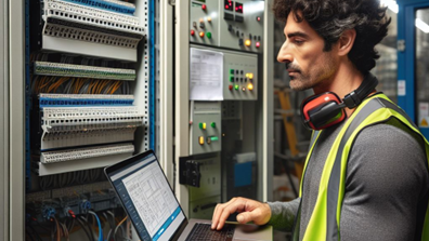 Ein Mann arbeitet mit Notebook in einem Rechenzentrum